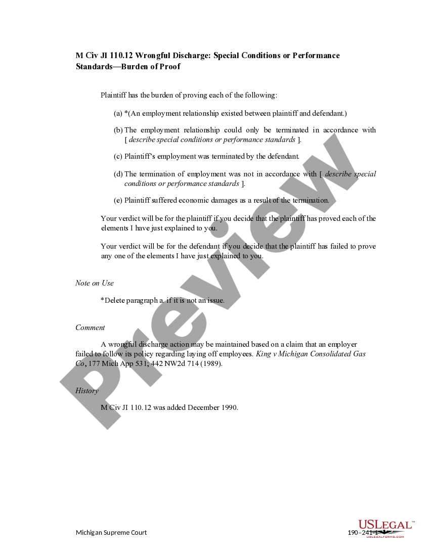 Michigan Wrongful Discharge Special Conditions Or Performance Standards Burden Of Proof US 