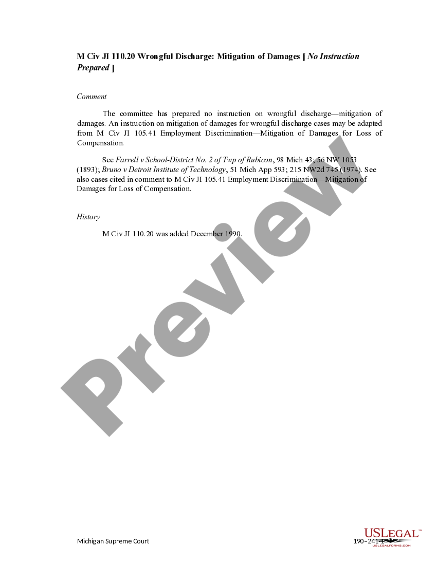 Michigan Wrongful Discharge Mitigation Of Damages No Instruction Prepared US Legal Forms
