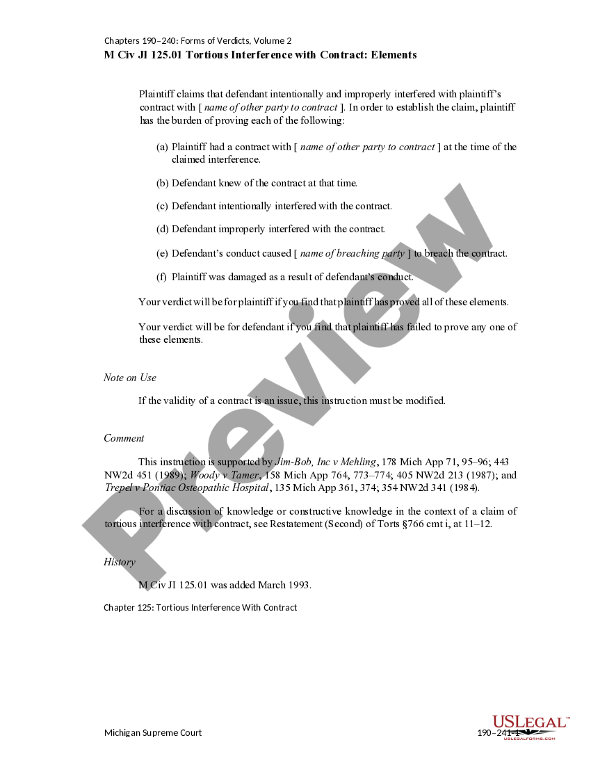 Michigan Tortious Interference with Contract Elements US Legal Forms