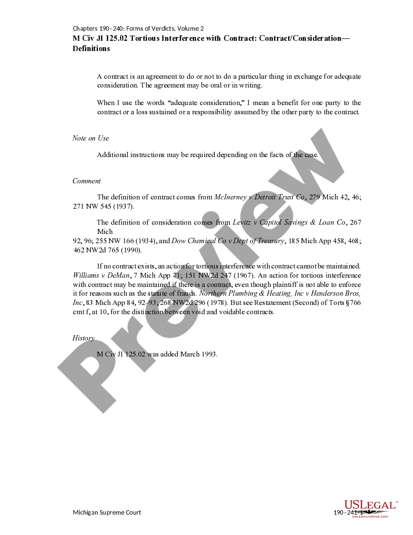 Michigan Tortious Interference with Contract Contract/Consideration