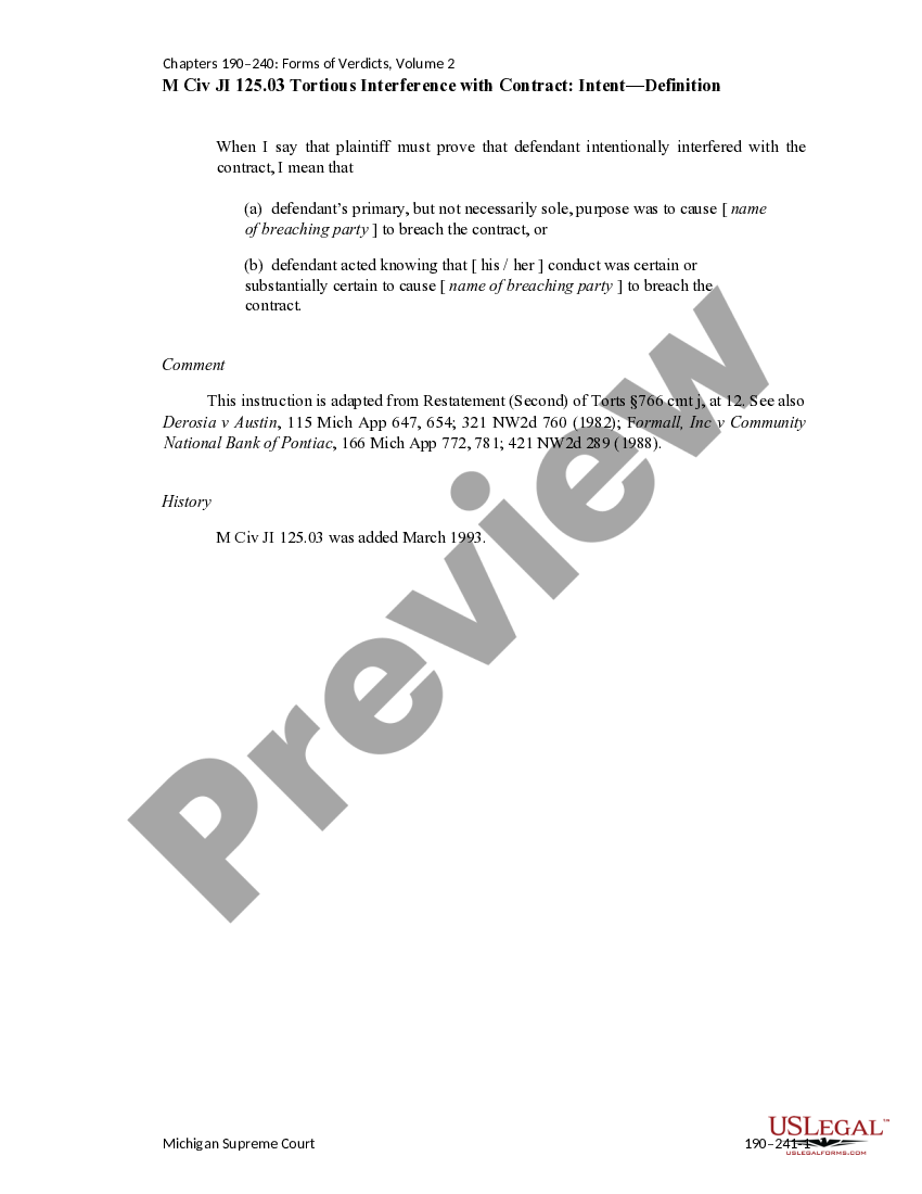 Michigan Tortious Interference with Contract IntentDefinition US