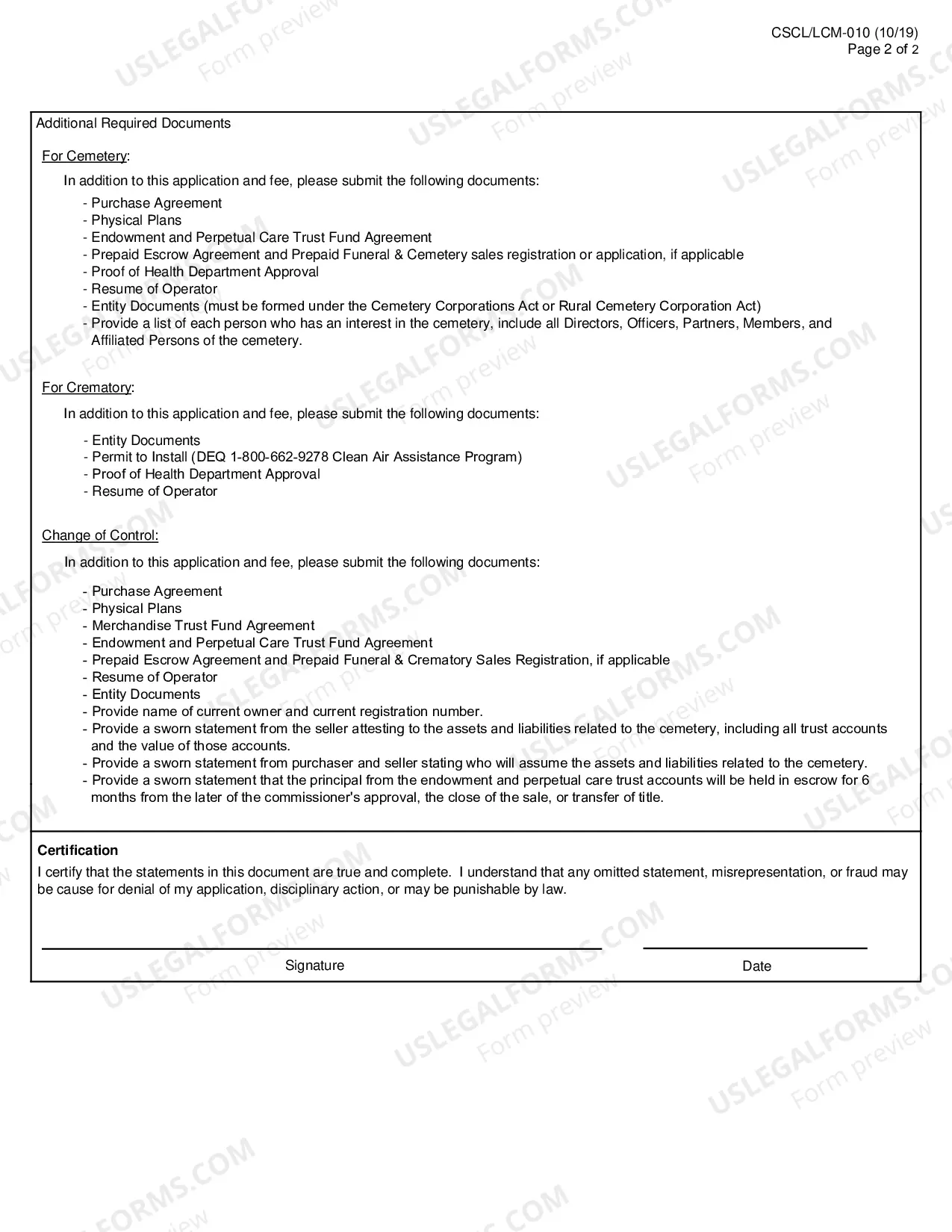 Preview Application For New Cemetery, Crematory Or Approval of Cemetery Change Of Control