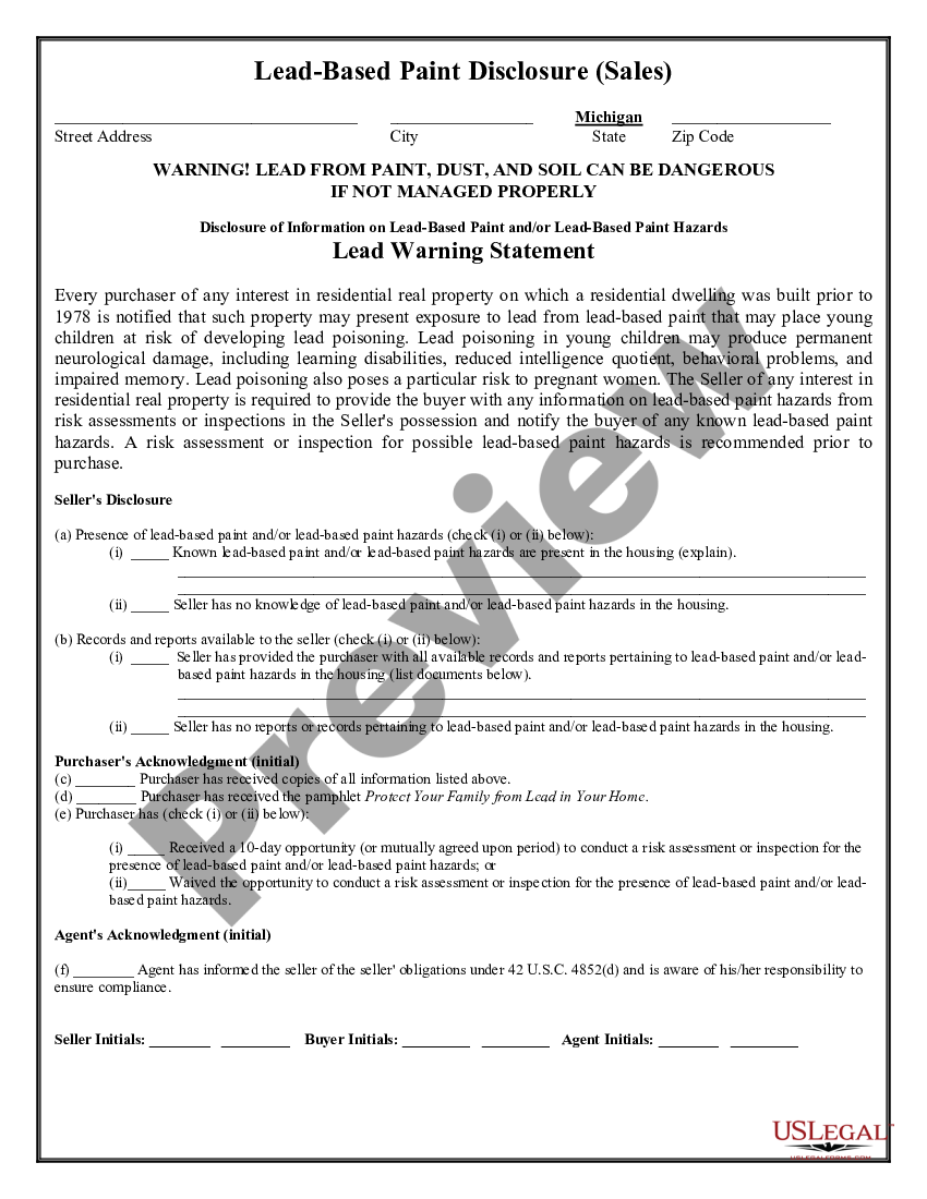 Michigan Lead Based Paint Disclosure With The Leadbased US Legal Forms