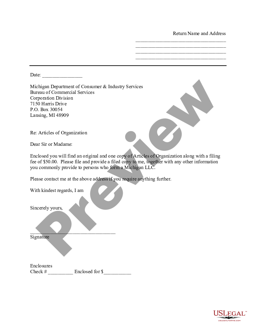 Michigan Sample Cover Letter for Filing of LLC Articles or Certificate ...