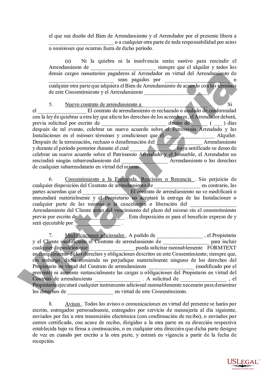 Preview Consentimiento para la cesión colateral de los derechos de arrendamiento del arrendatario