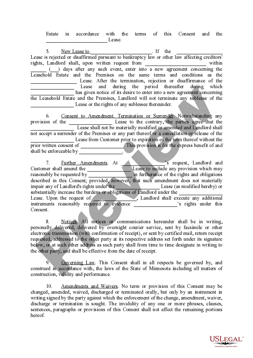 Preview Consent to Collateral Assignment of Tenant's Leasehold Interests