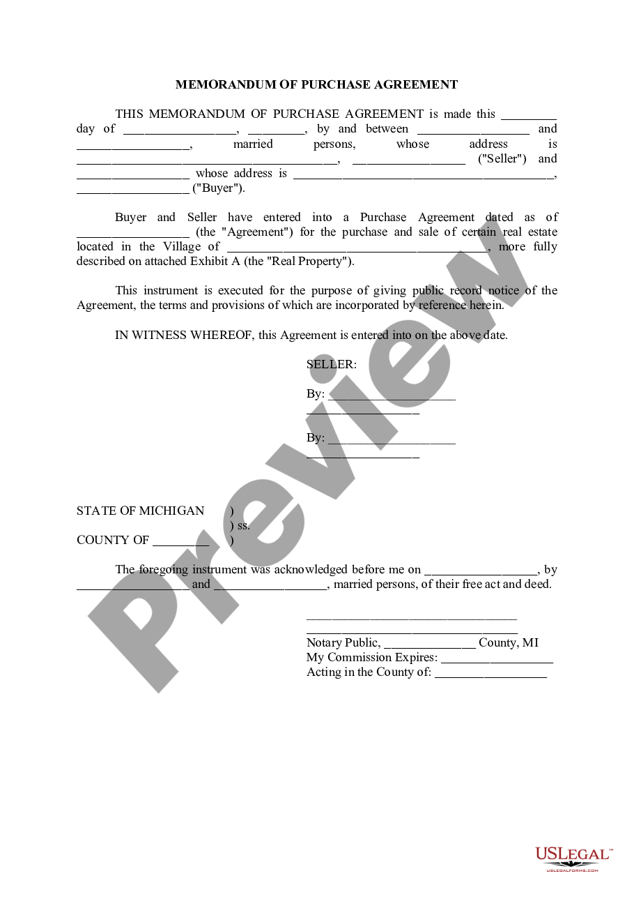 Wayne Michigan Memorandum Of Purchase Agreement Us Legal Forms 7753