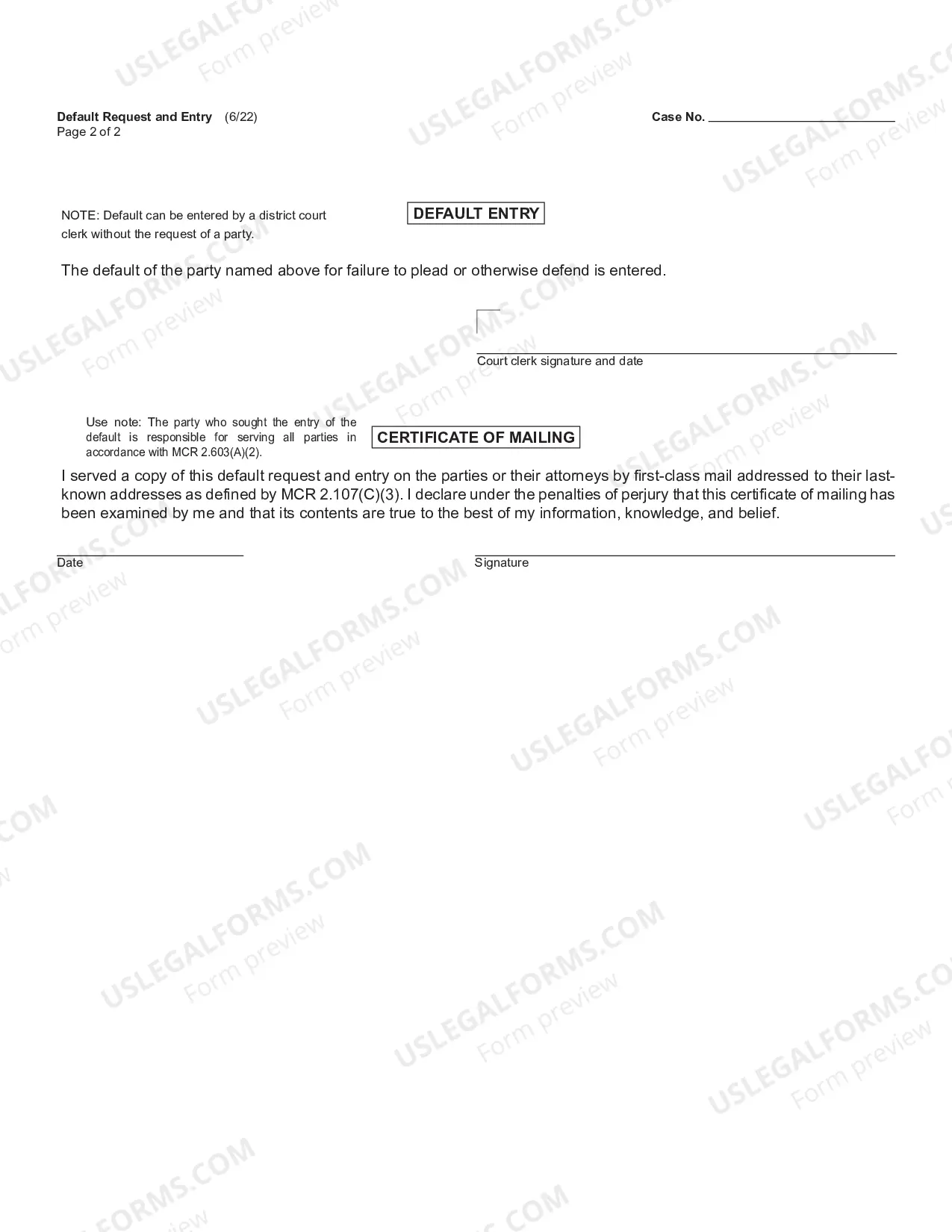 Preview Default Request, Affidavit, and Entry