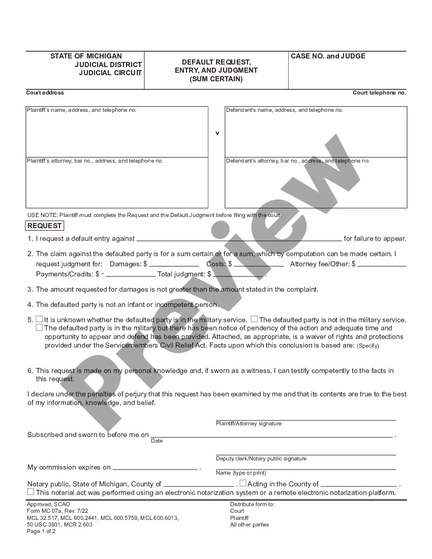 Michigan Default Request - Affidavit Entry and Judgment - Default ...