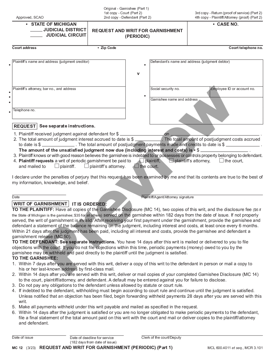 page 0 Request and Writ for Garnishment - Periodic preview