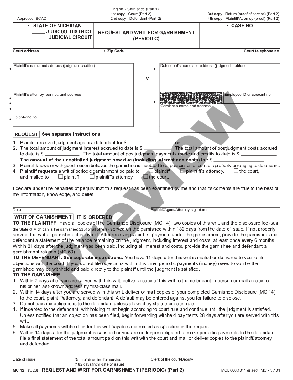 page 1 Request and Writ for Garnishment - Periodic preview