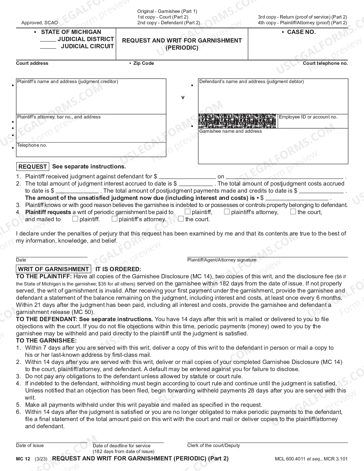 Preview Request And Writ For Garnishment (Periodic)