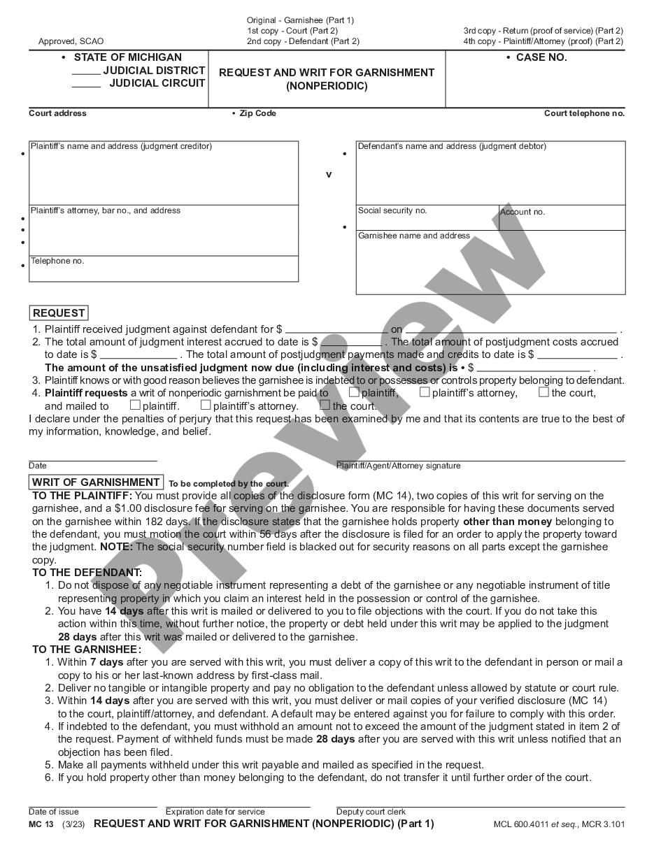 page 0 Request and Writ for Garnishment - Nonperiodic preview