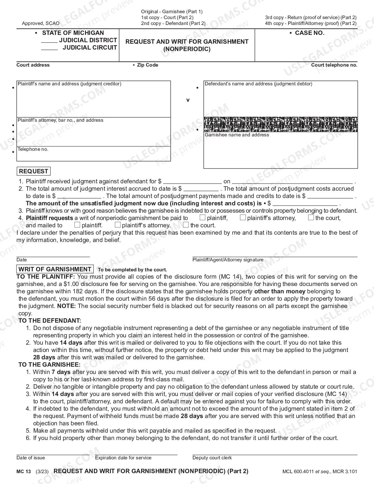 Preview Request And Writ For Garnishment (Non Periodic)