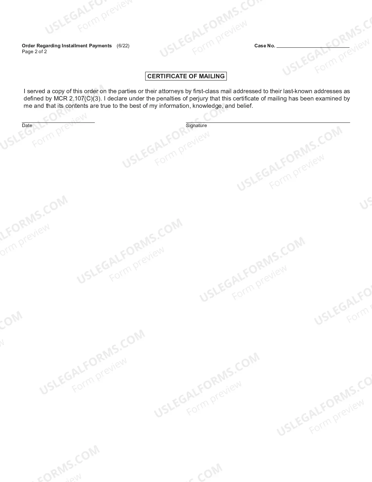Preview Order Regarding Installment Payments