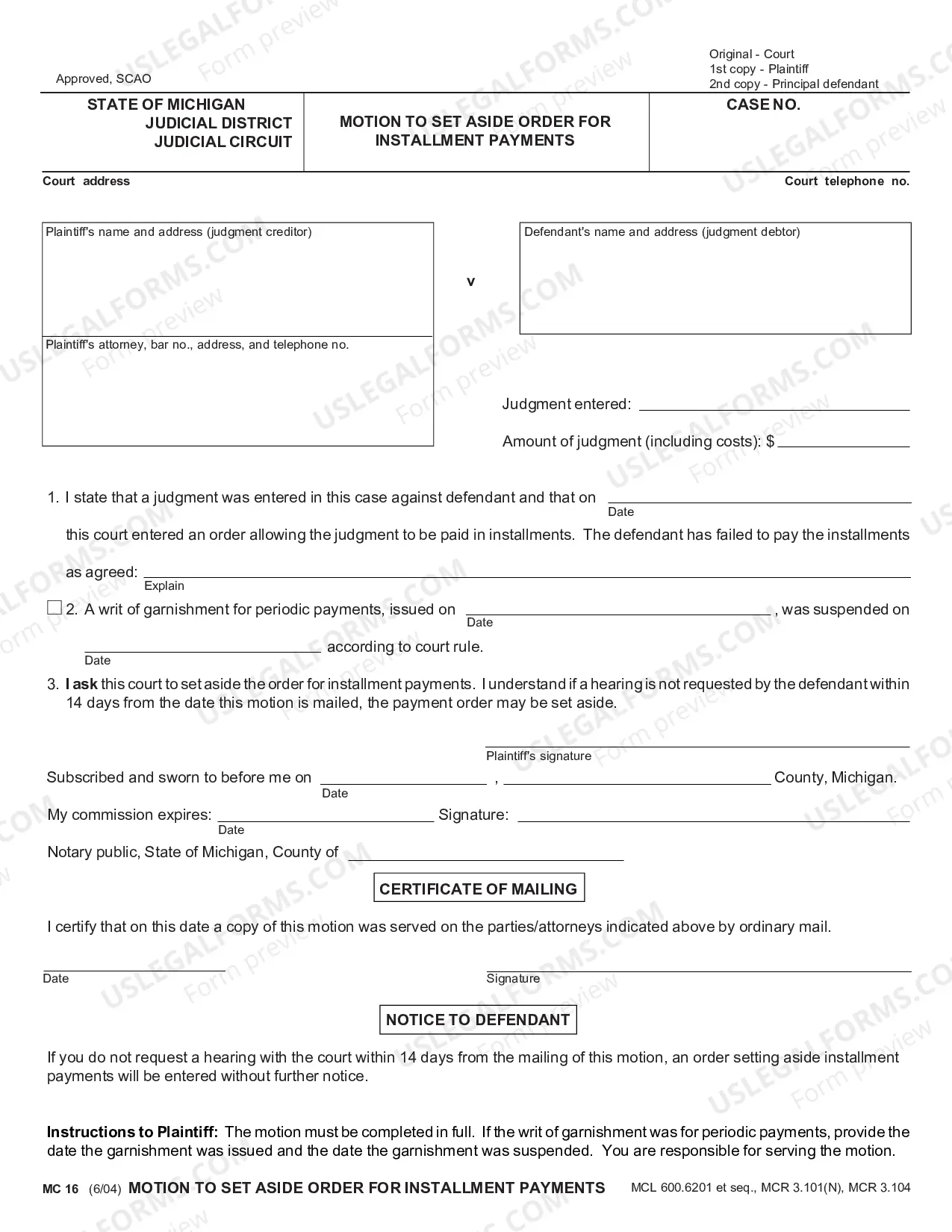 Preview Motion To Set Aside Order For Installment Payments