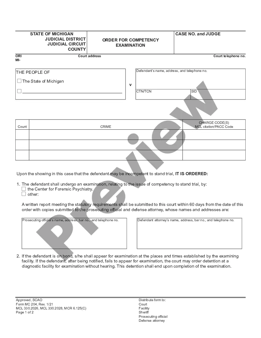 Michigan Order for Competency Examination | US Legal Forms