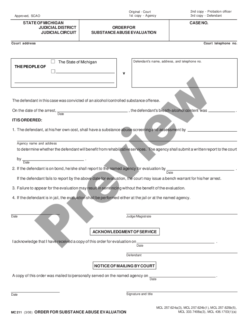 Michigan Order for Substance Abuse Evaluation | US Legal Forms