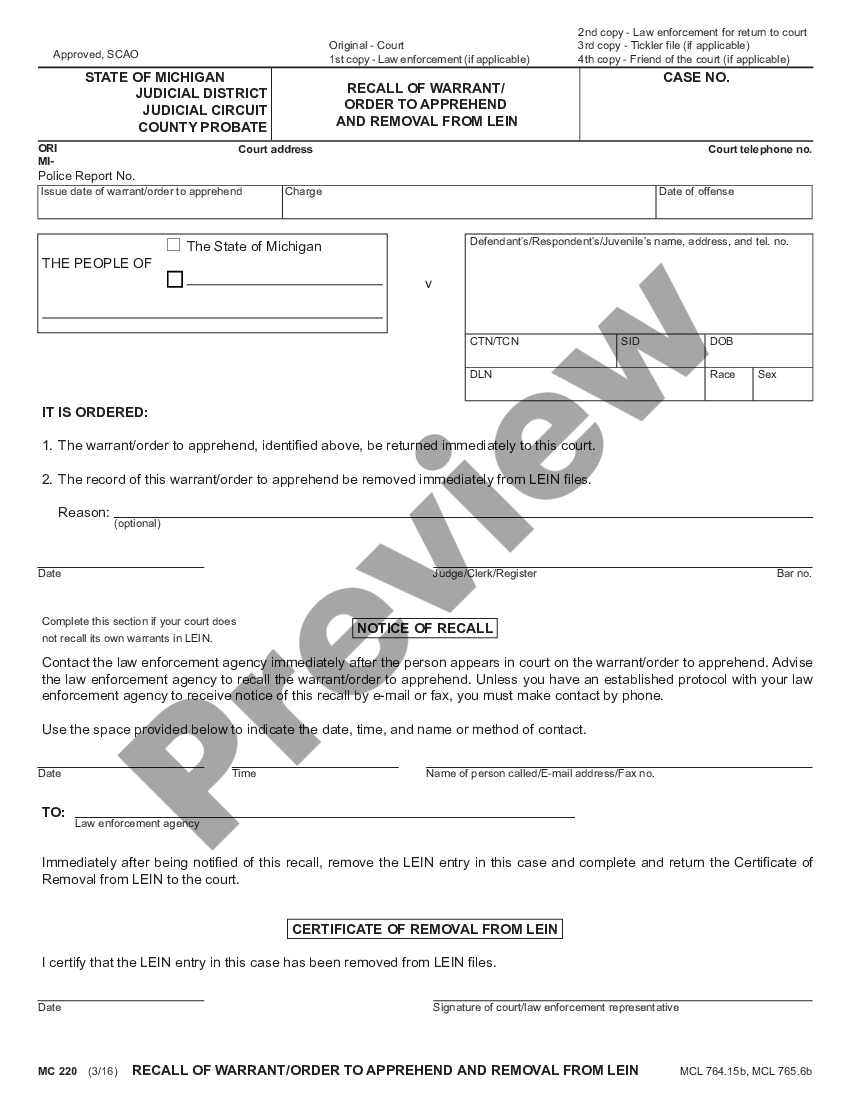 Michigan Recall of Warrant - Order to Apprehend - What Is A Recall ...