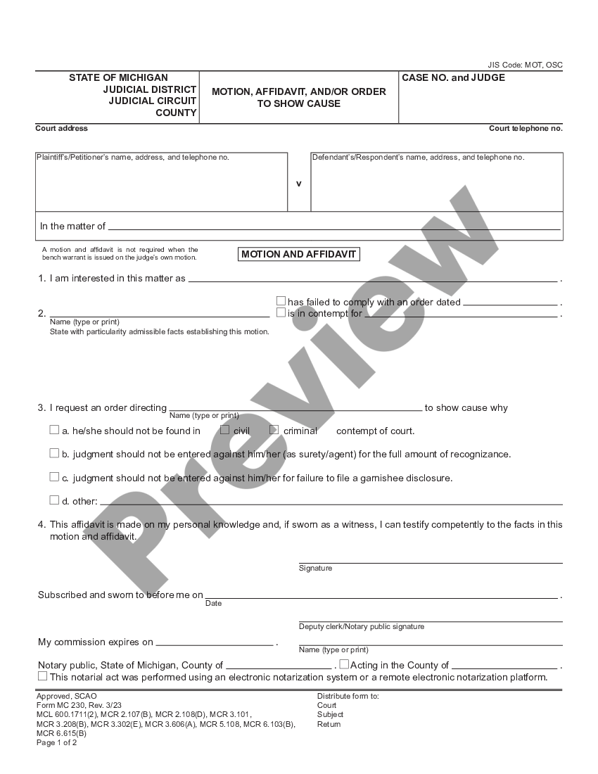 Ann Arbor Michigan Order To Show Cause US Legal Forms