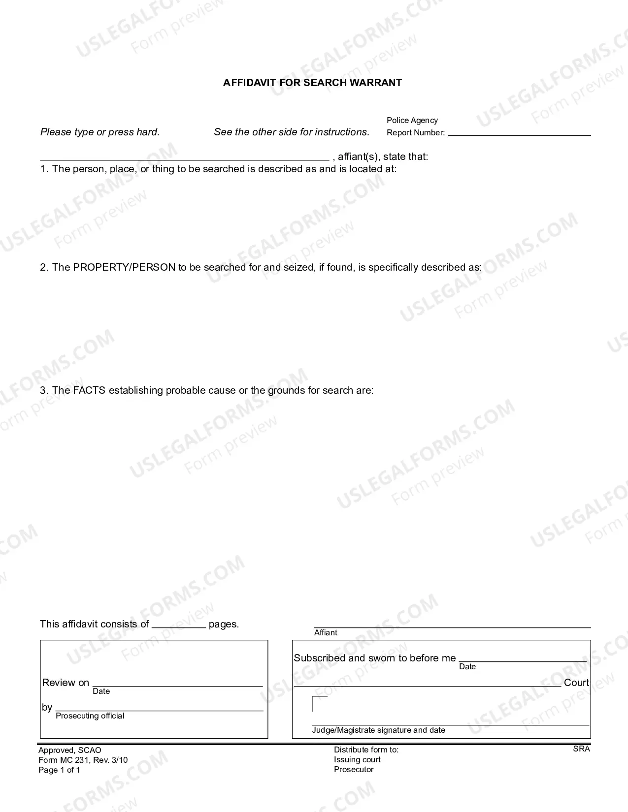 Preview Affidavit for Search Warrant and Search Warrant (two-page form)