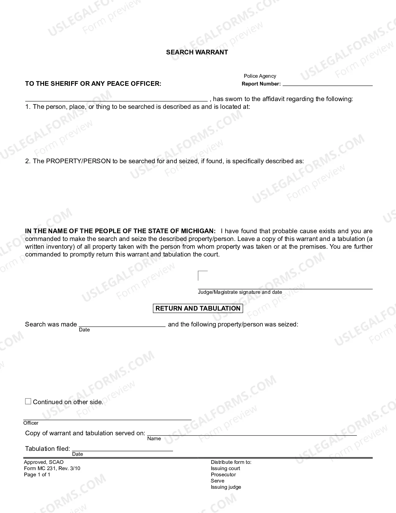 Preview Affidavit for Search Warrant and Search Warrant (two-page form)