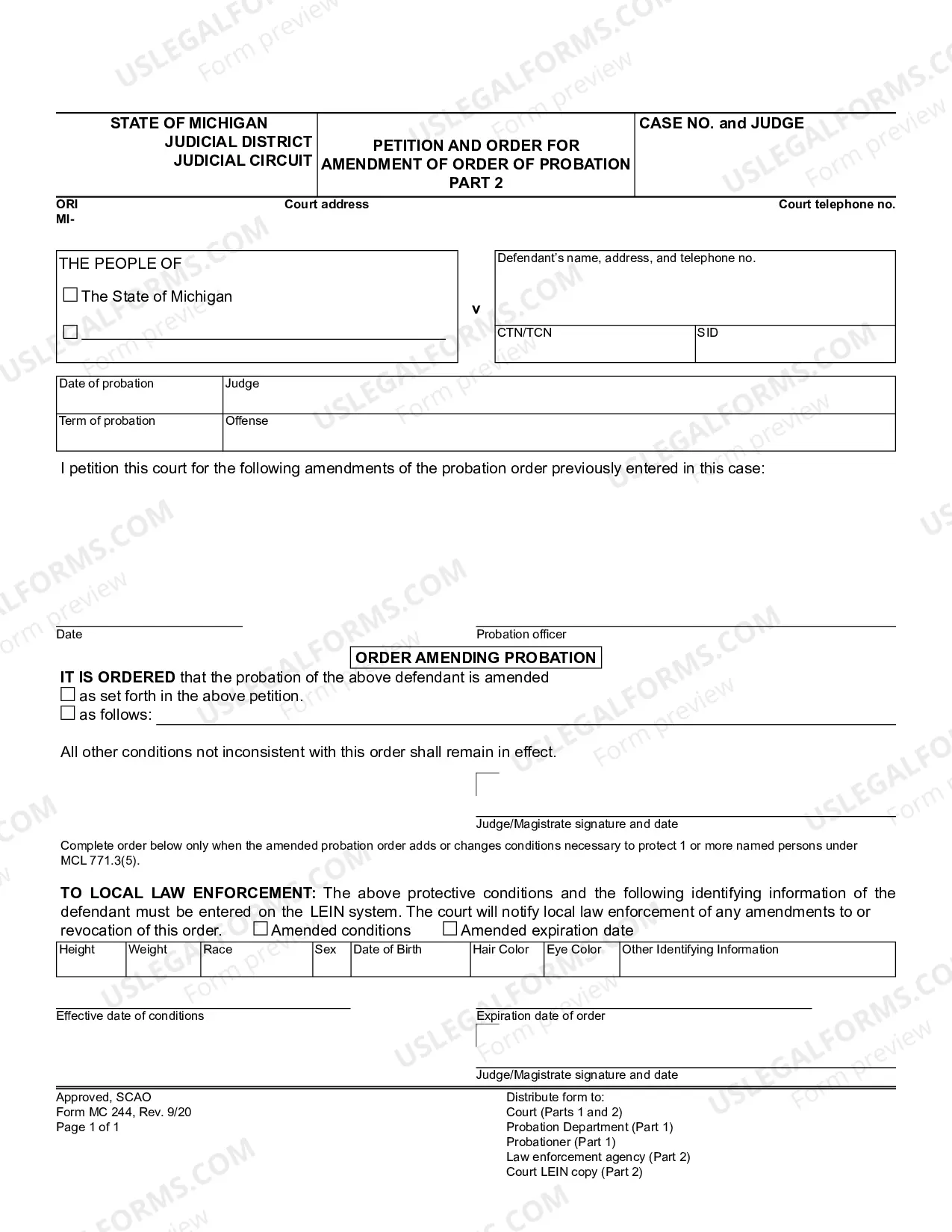 Preview Petition and Order for Amendment of Order of Probation, Parts 1 and 2