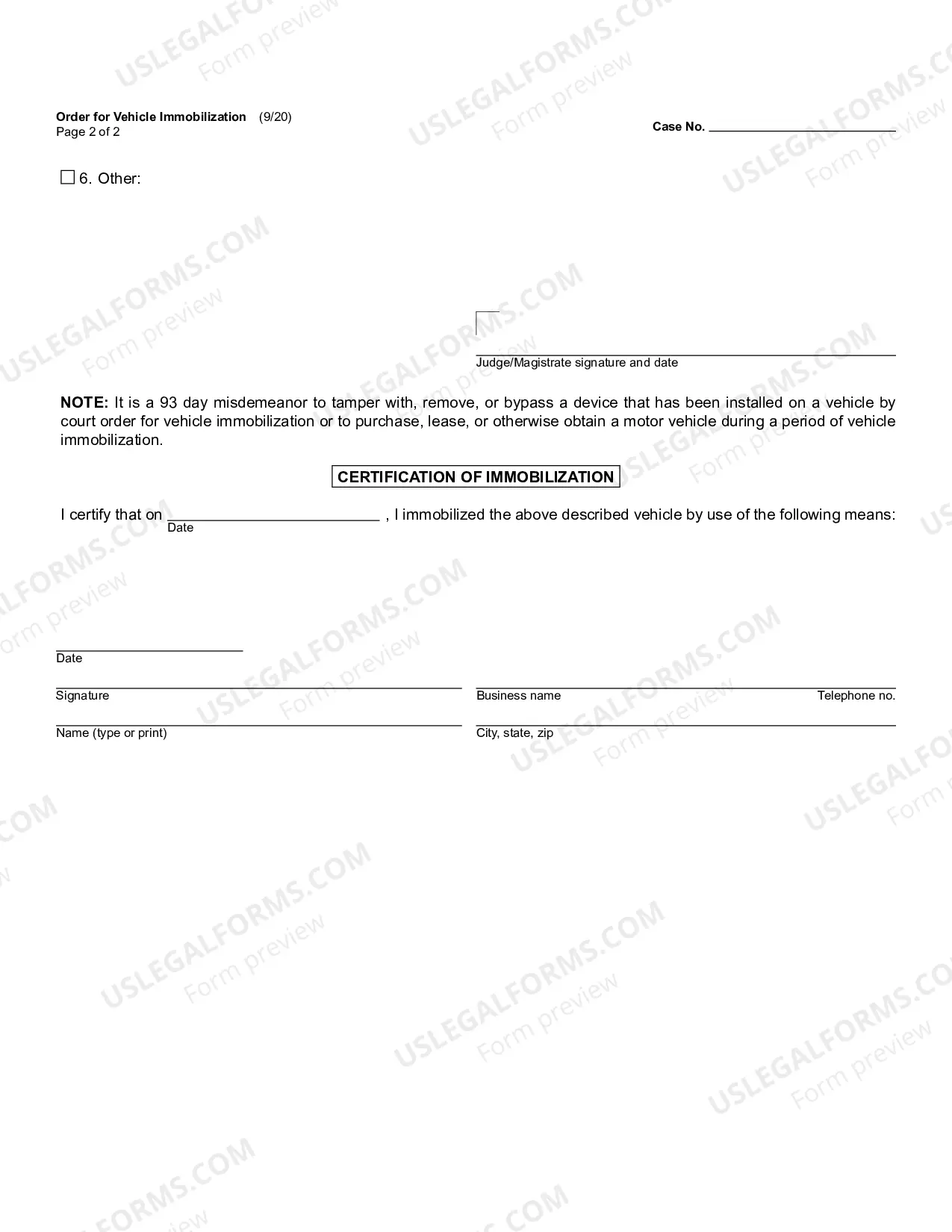 Preview Order For Vehicle Immobilization