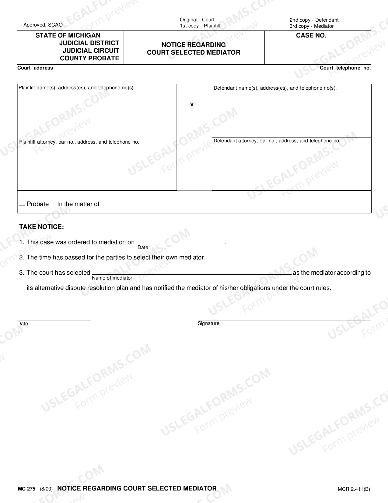 Michigan Notice Regarding Court Selected Mediator US Legal Forms