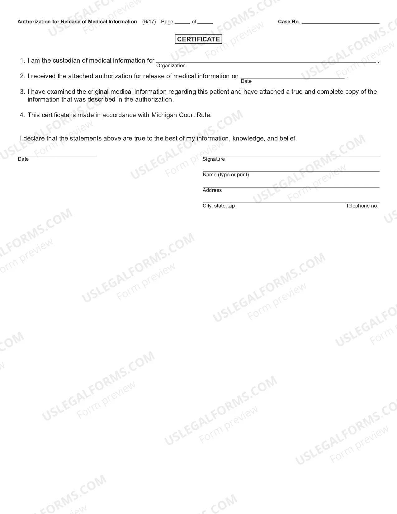 Preview Authorization for Release of Medical Information