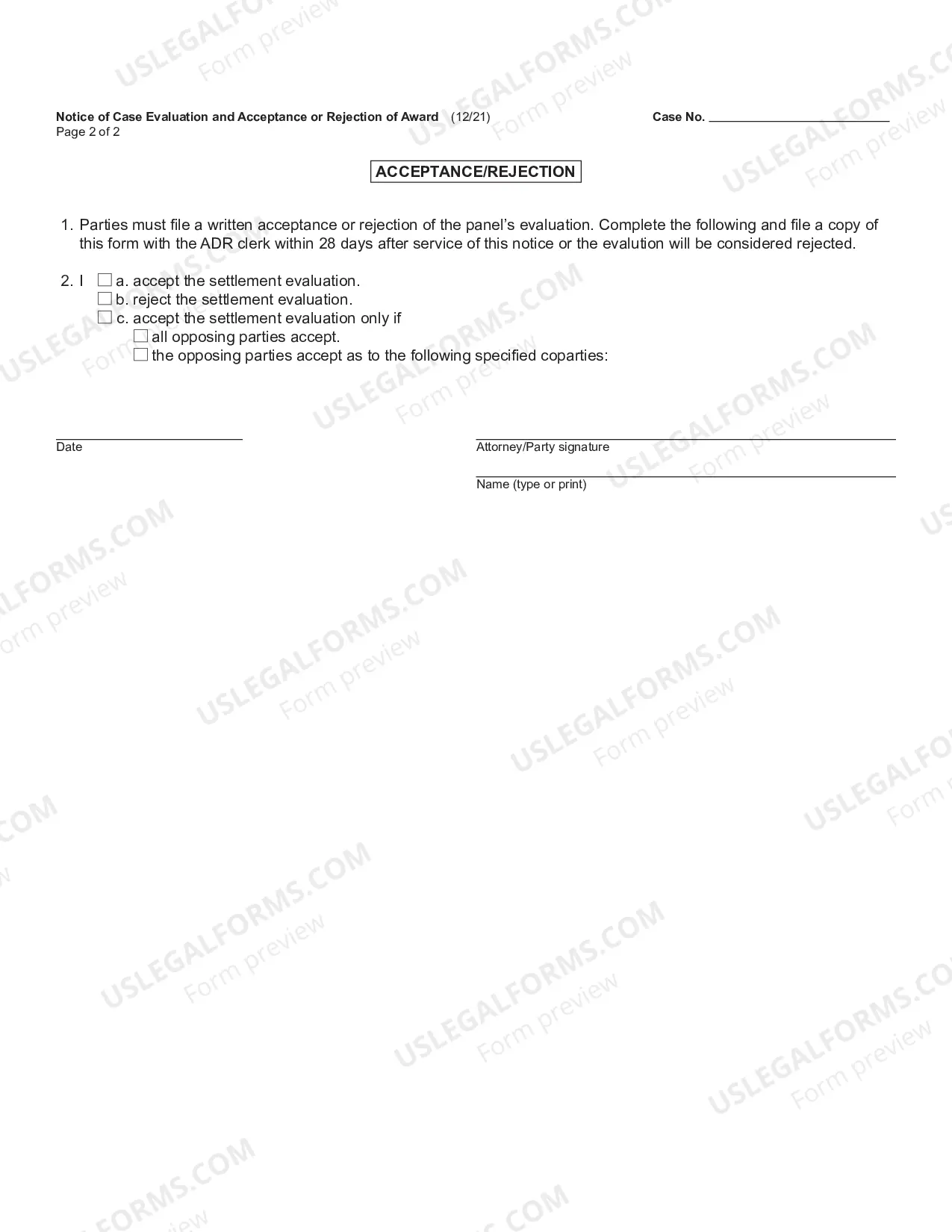 Preview Notice of Case Evaluation And Acceptance Or Rejection Of Award