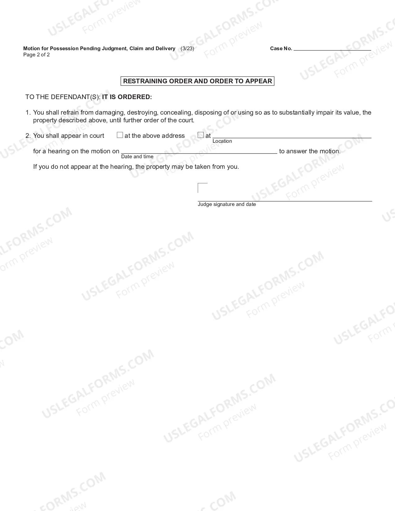 Preview Motion for Possession Pending Judgment, Claim and Delivery
