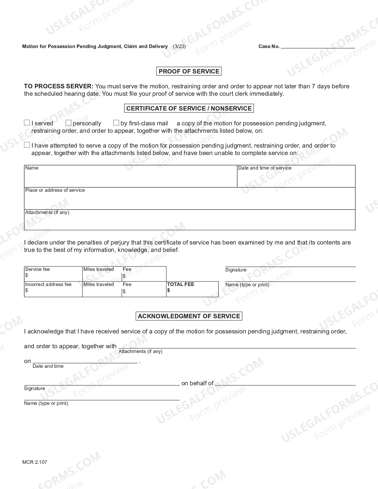 Preview Motion for Possession Pending Judgment, Claim and Delivery