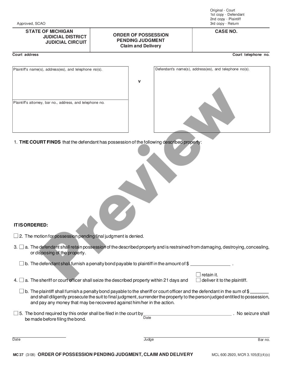 page 0 Order of Possession Pending Judgment, Claim and Delivery preview