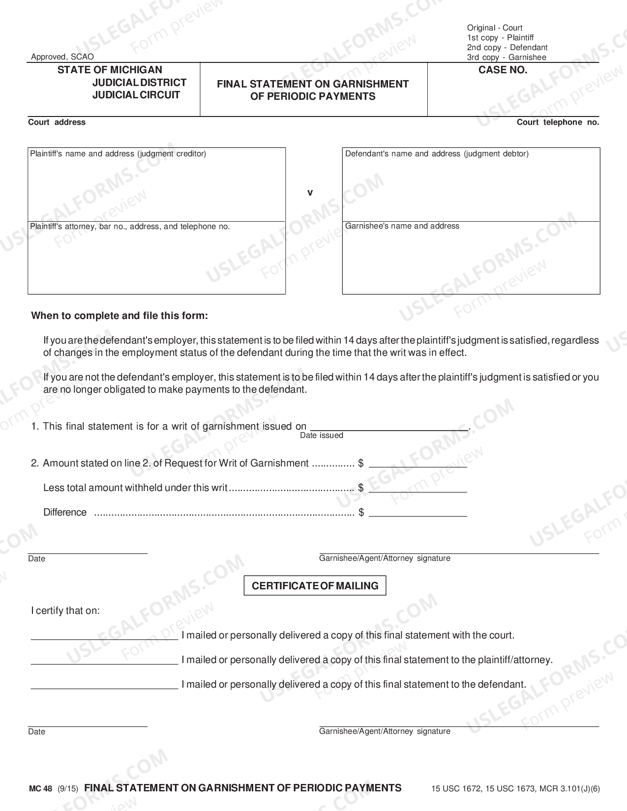 Michigan Final Statement on Garnishment of Periodic Payments Final