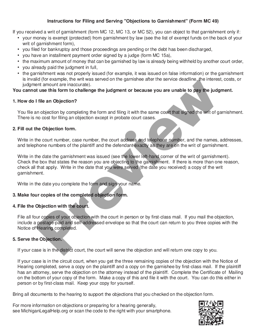 Michigan Objections to Garnishment and Notice of Hearing Objection To