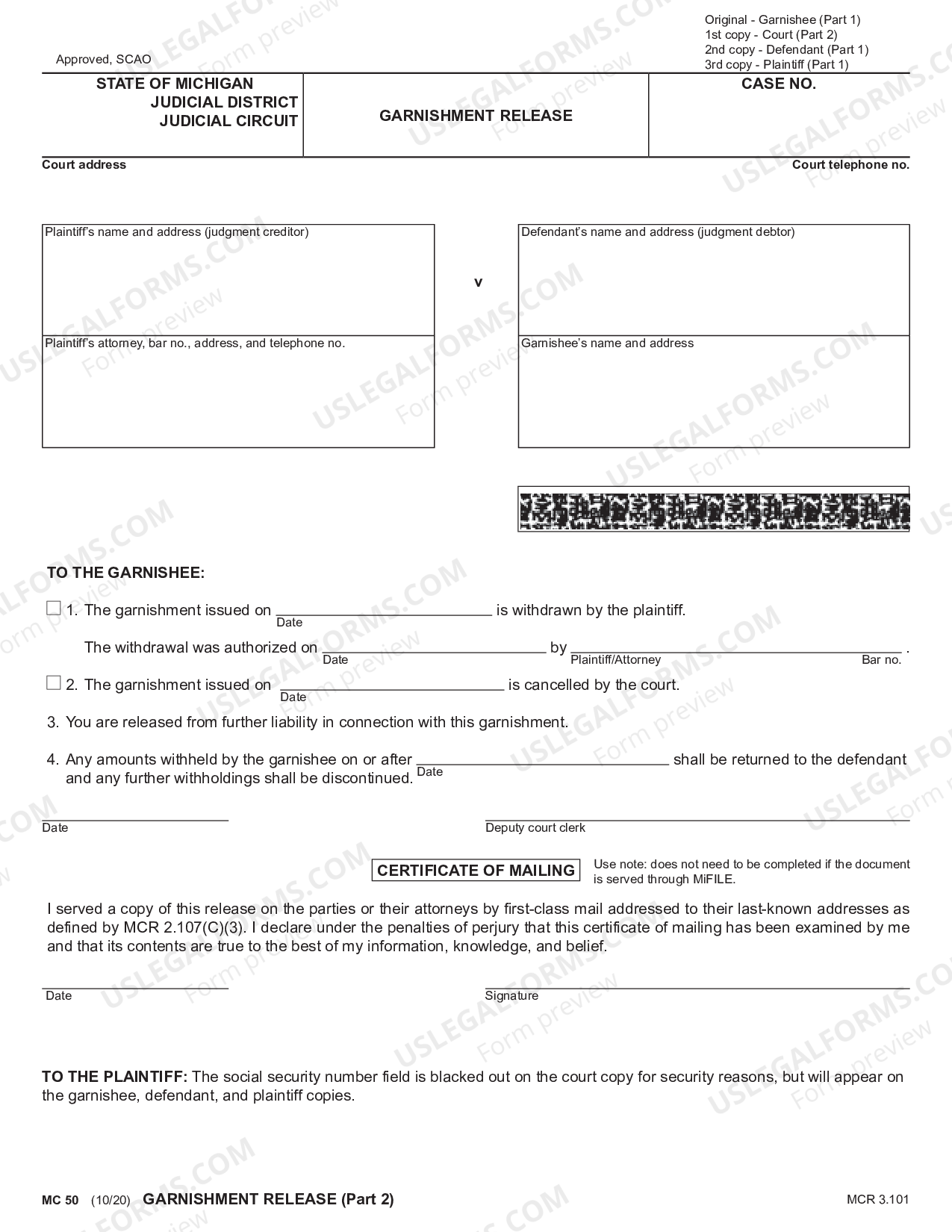 Michigan Garnishment Release Garnishment Release Michigan US Legal