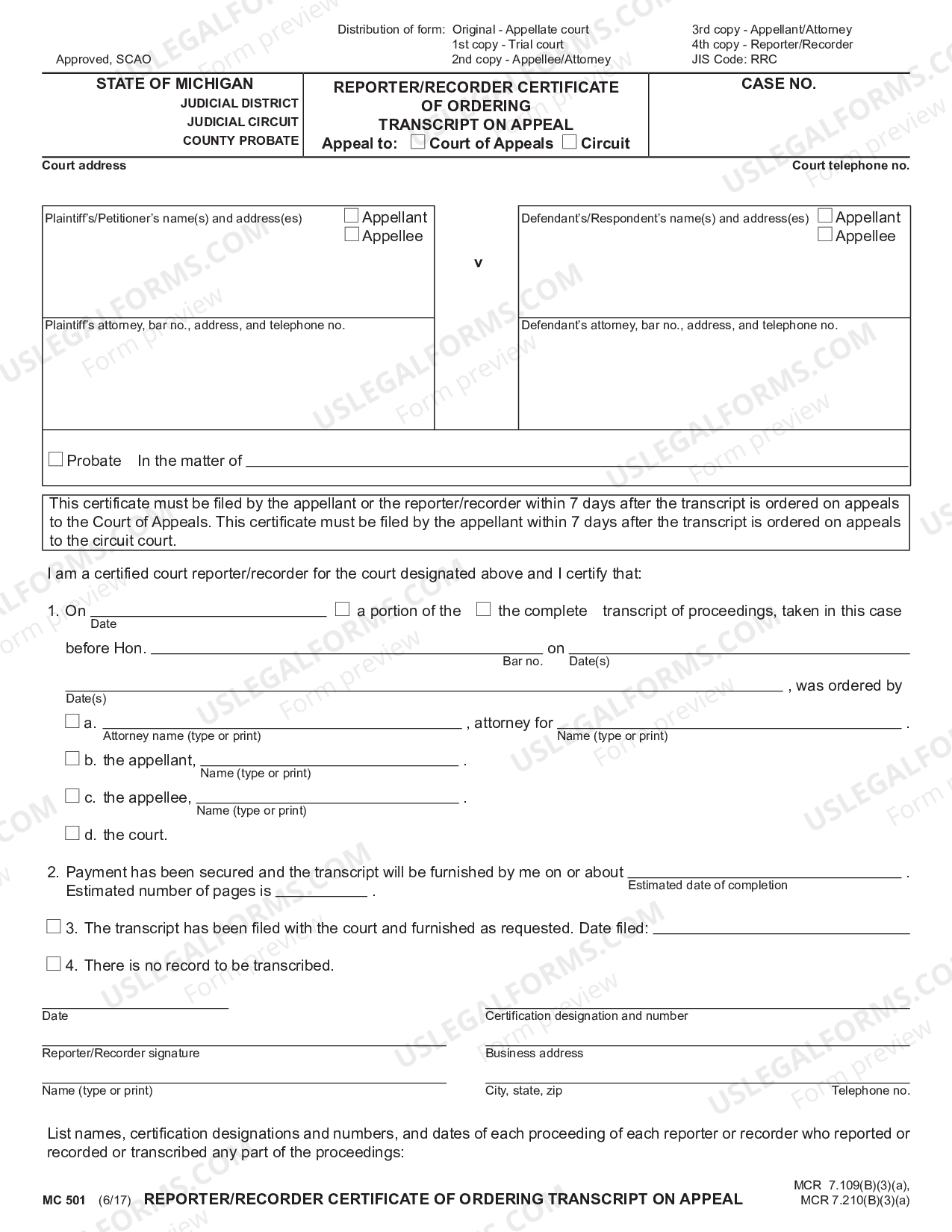 Detroit Michigan Reporter Recorder Certificate of Ordering of