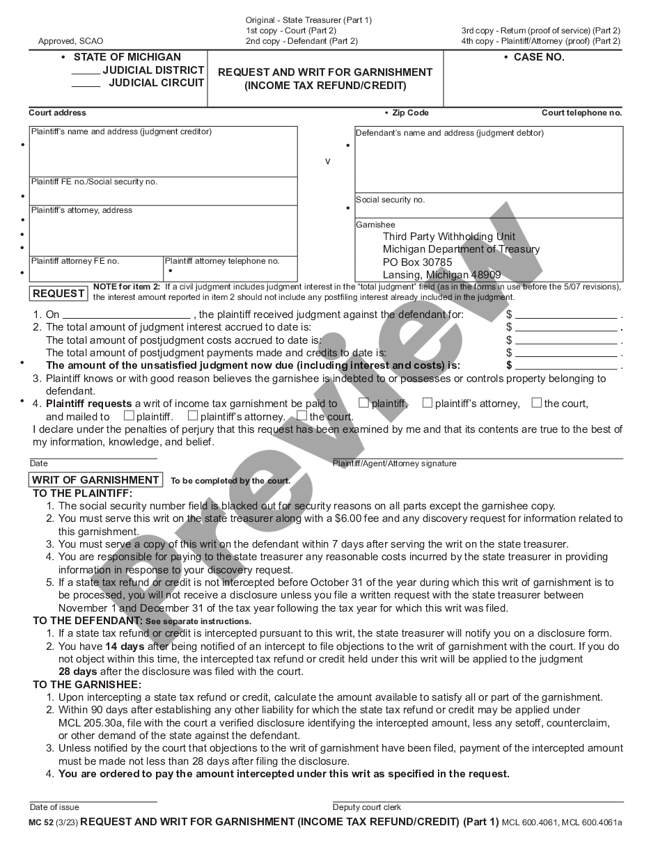 page 0 Request and Writ for Garnishment - Income Tax Refund - Credit preview
