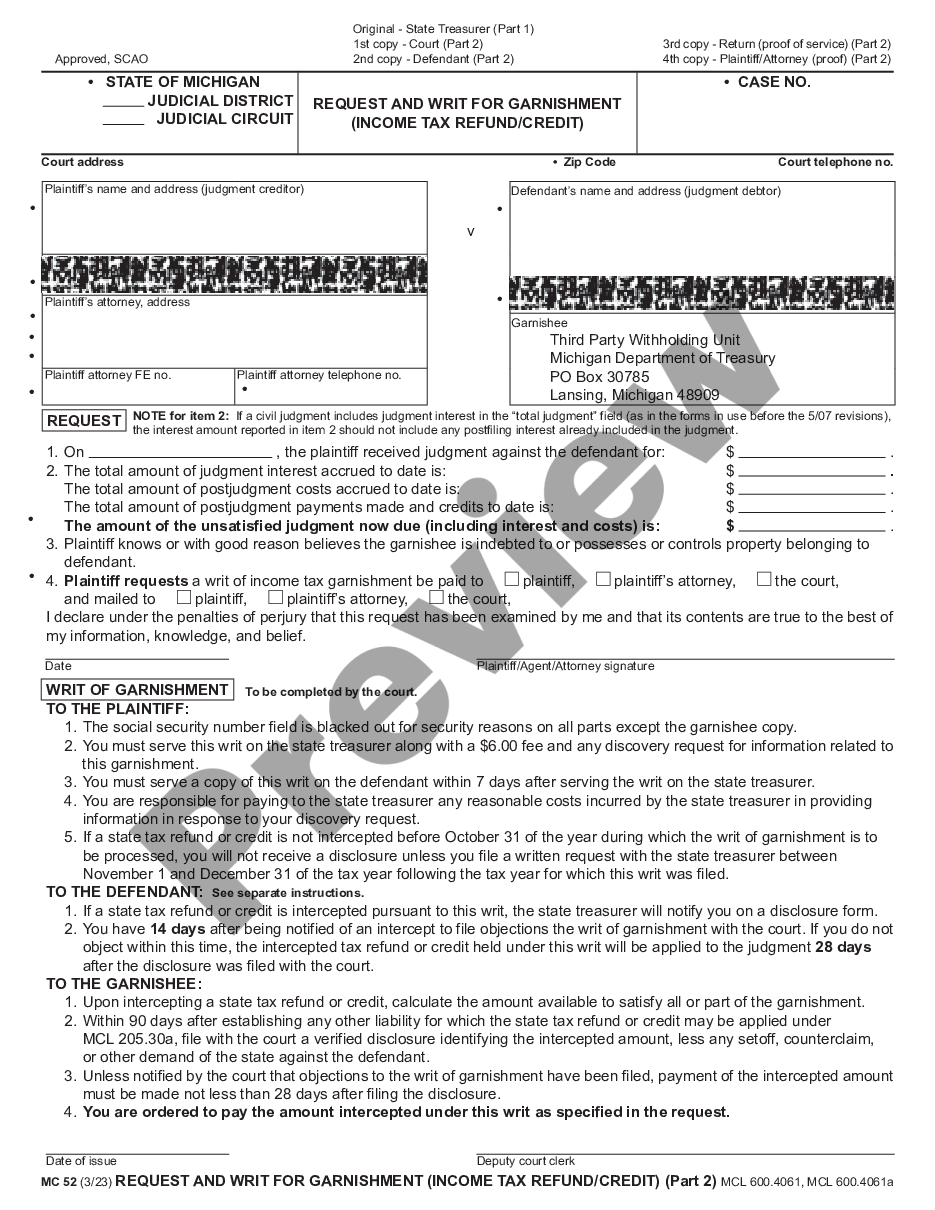 page 1 Request and Writ for Garnishment - Income Tax Refund - Credit preview