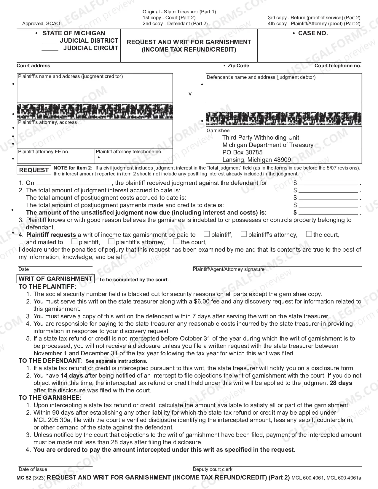 Preview Request And Writ For Garnishment (Income Tax Refund Or Credit)