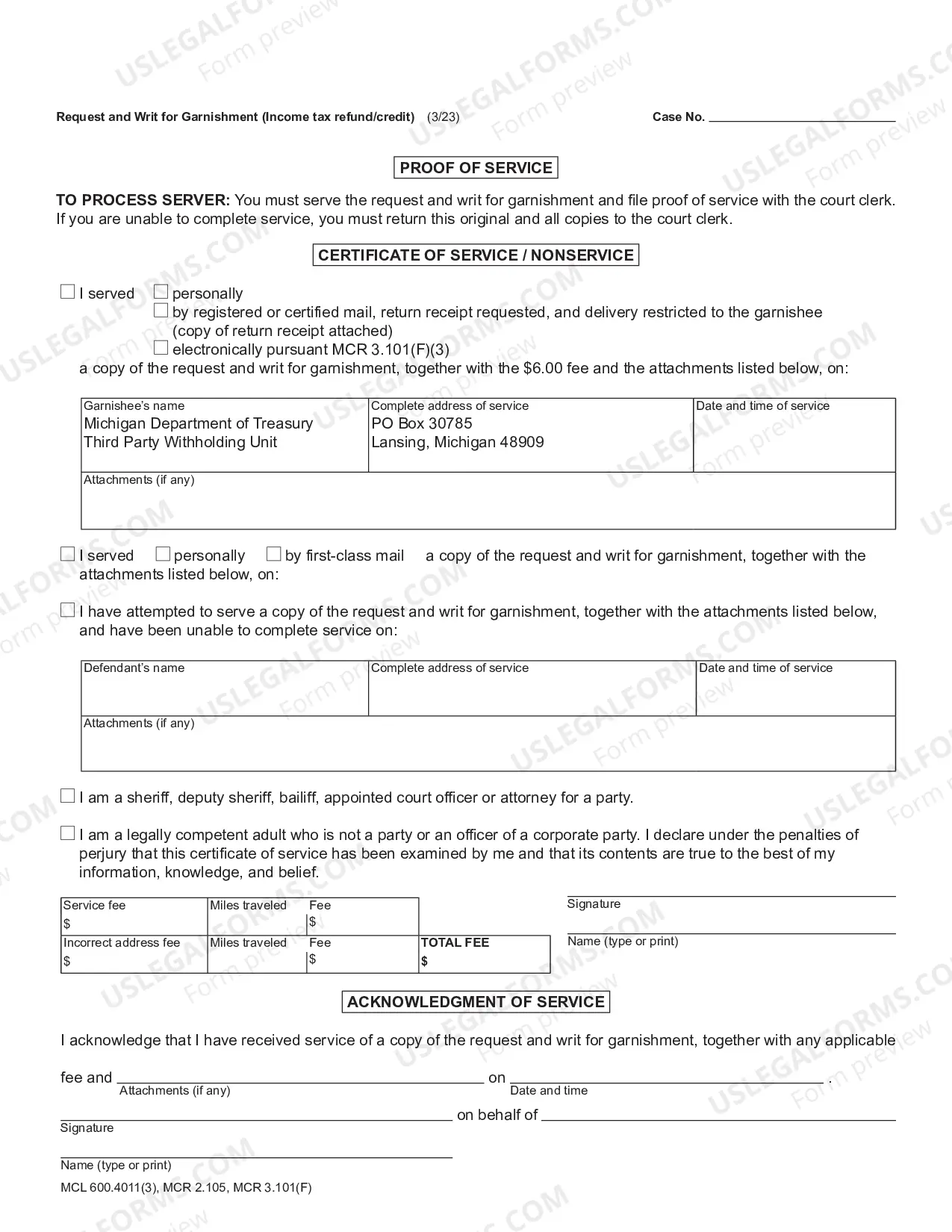 Preview Request And Writ For Garnishment (Income Tax Refund Or Credit)
