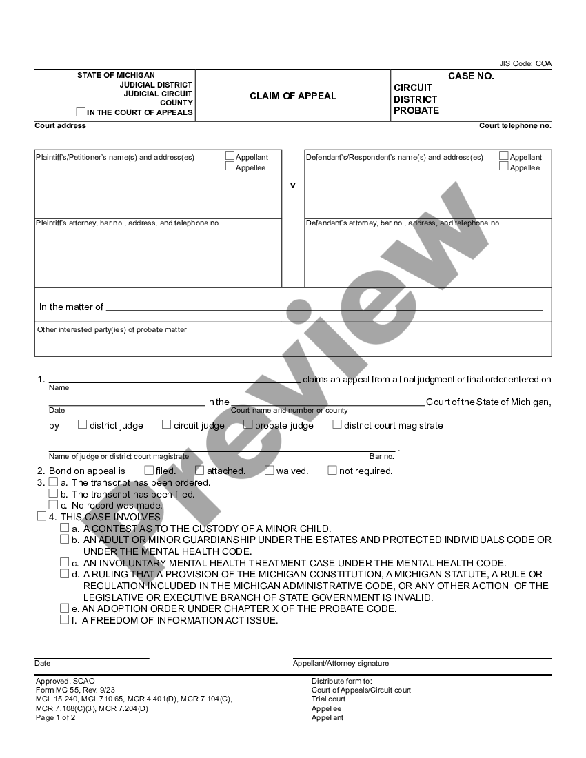 Michigan Claim of Appeal | US Legal Forms