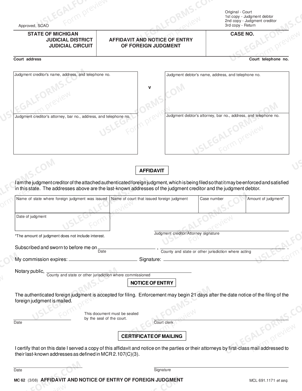 Affidavit Entry Judgment For Domesticate Foreign US Legal Forms