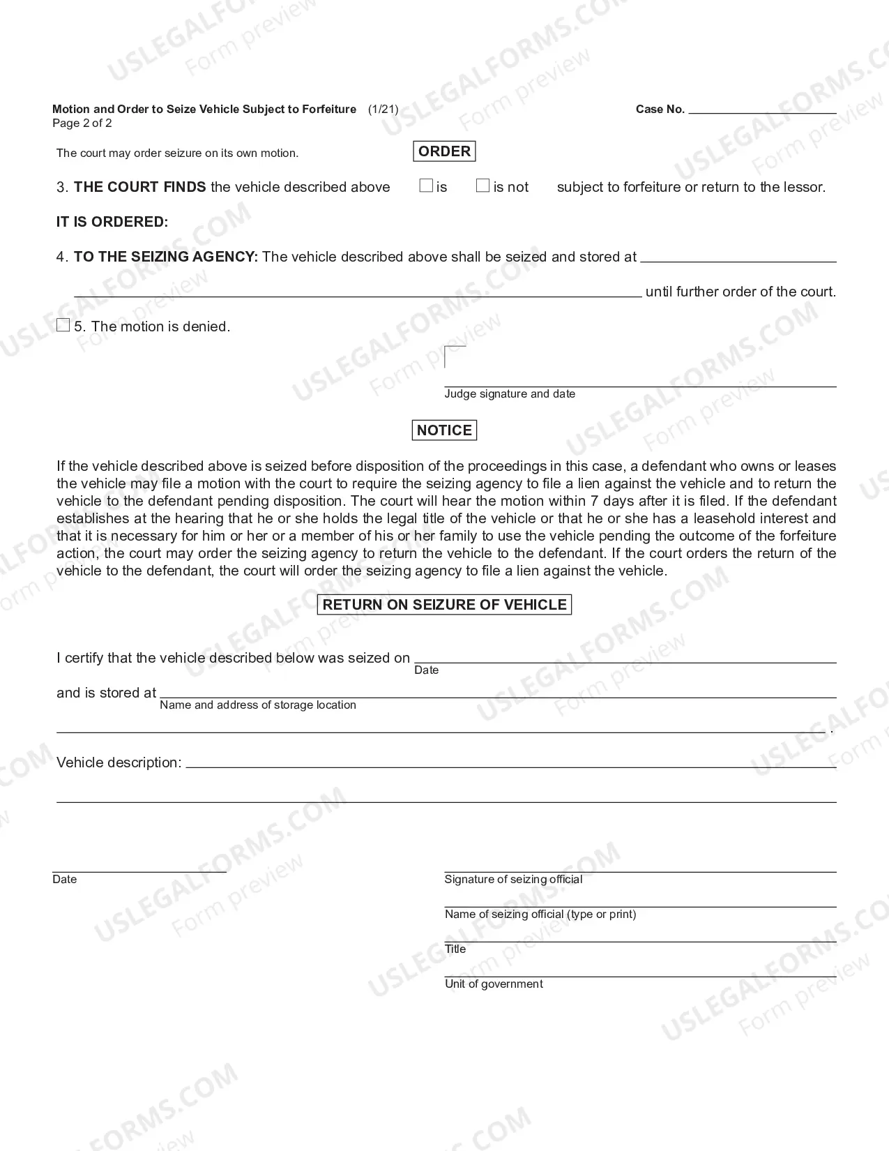 Preview Motion And Order To Seize Vehicle Subject To Forfeiture