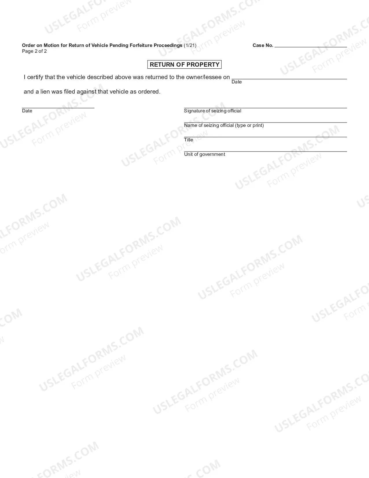 Preview Order On Motion For Return of Vehicle Pending Forfeiture Proceedings