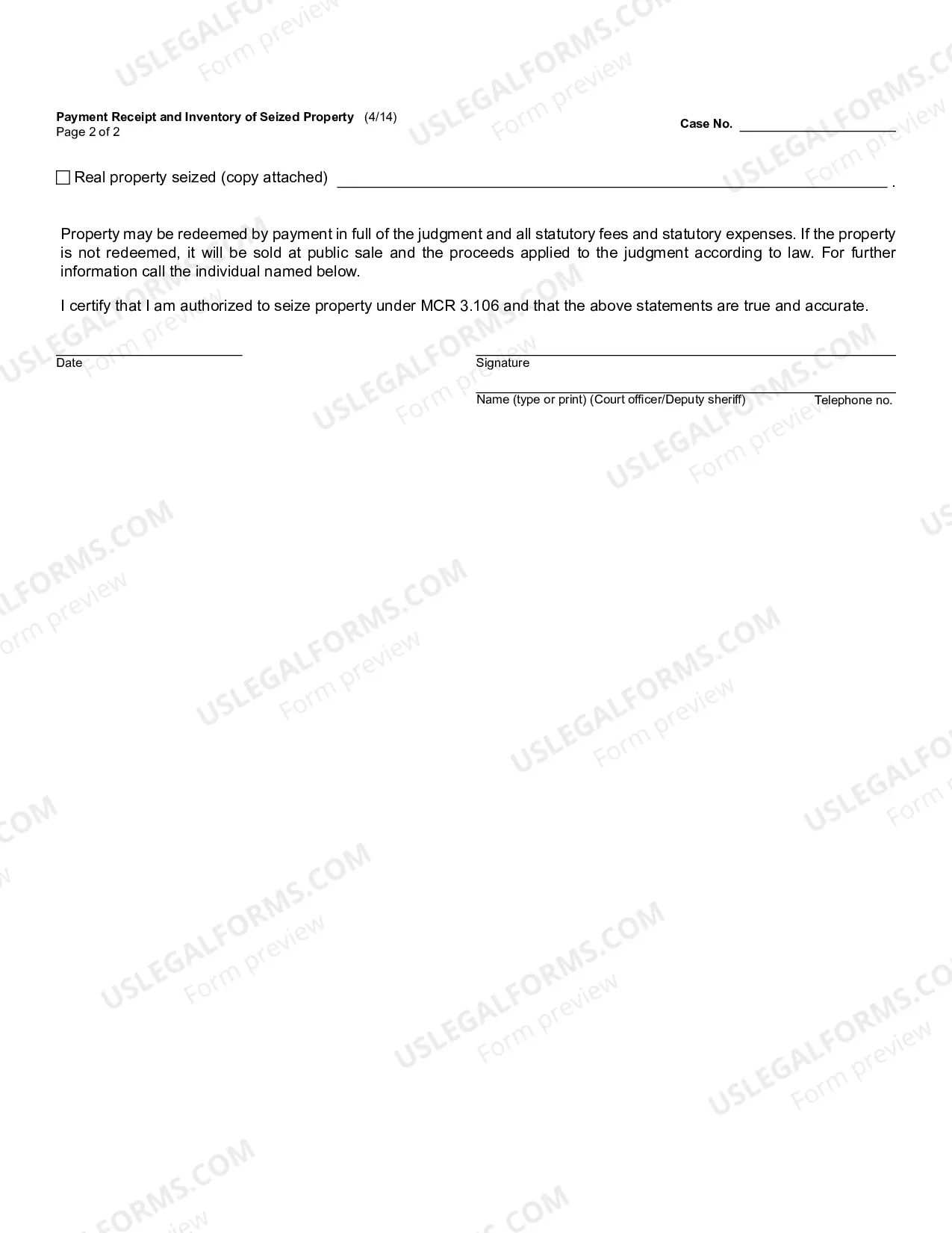 Preview Payment Receipt and Inventory of Seized Property