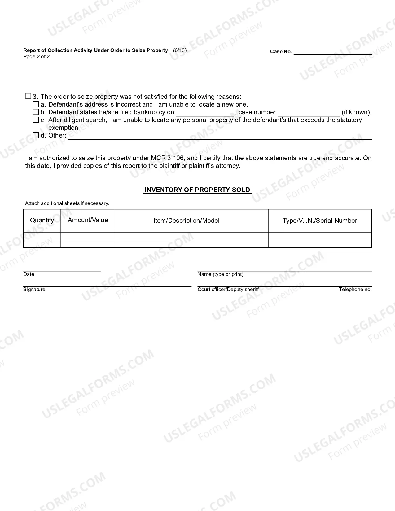 Preview Report of Collection Activity under Order to Seize Property
