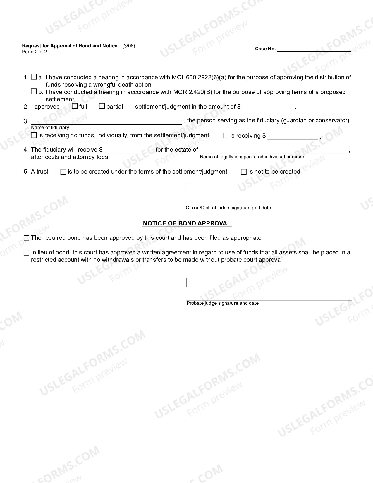 Preview Request for Approval of Bond and Notice (Settlement/Judgment/Wrongful Death Settlement)