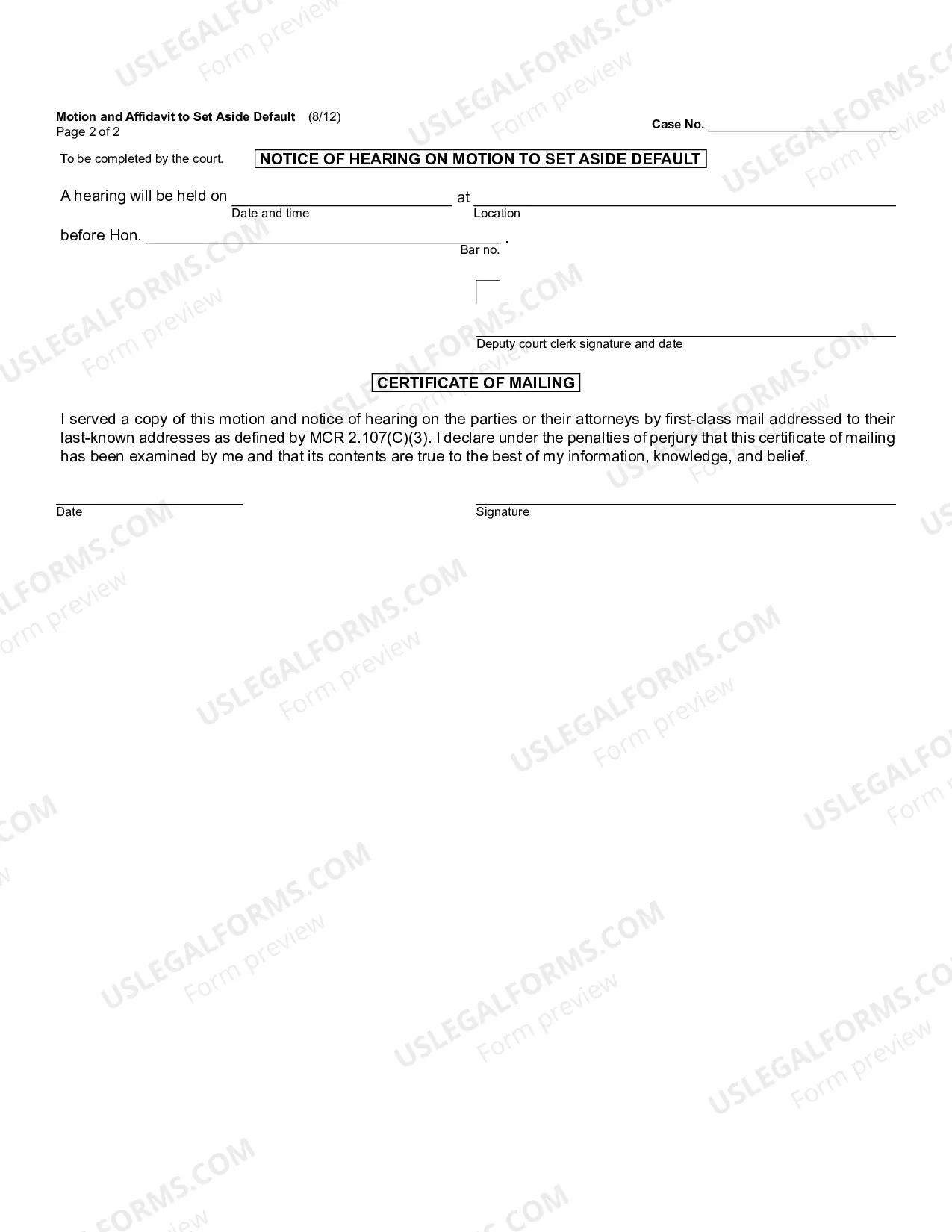 Preview Motion and Affidavit to Set Aside Default (Civil) (formerly DC 99)